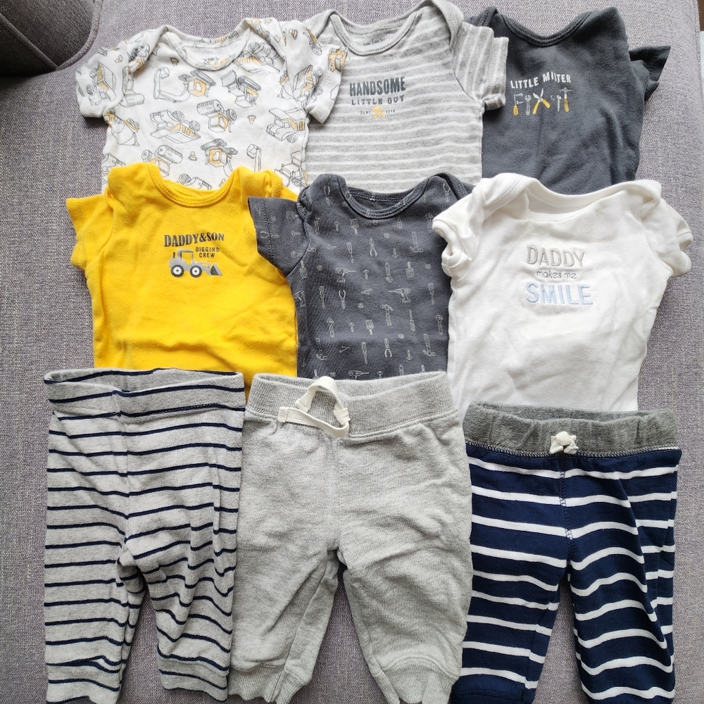 Carter's 9 piece bundle short sleeve onesies pants construction trucks tools